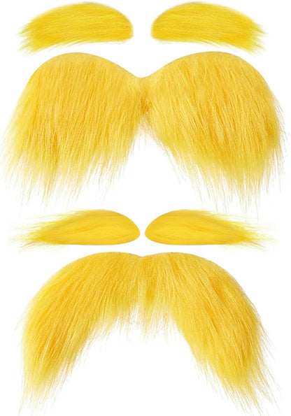 Yellow Mustache and Eyebrows 2 Packs, Funny Cosplay Costume Accessories, Self-Adhesive Fake Beard Halloween Party Favors