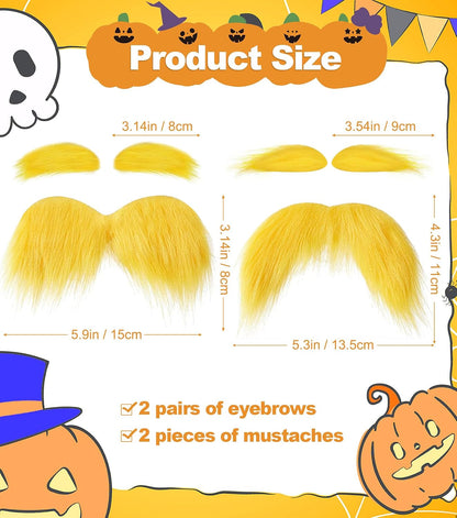 Yellow Mustache and Eyebrows 2 Packs, Funny Cosplay Costume Accessories, Self-Adhesive Fake Beard Halloween Party Favors