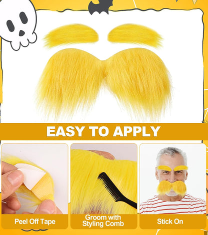 Yellow Mustache and Eyebrows 2 Packs, Funny Cosplay Costume Accessories, Self-Adhesive Fake Beard Halloween Party Favors