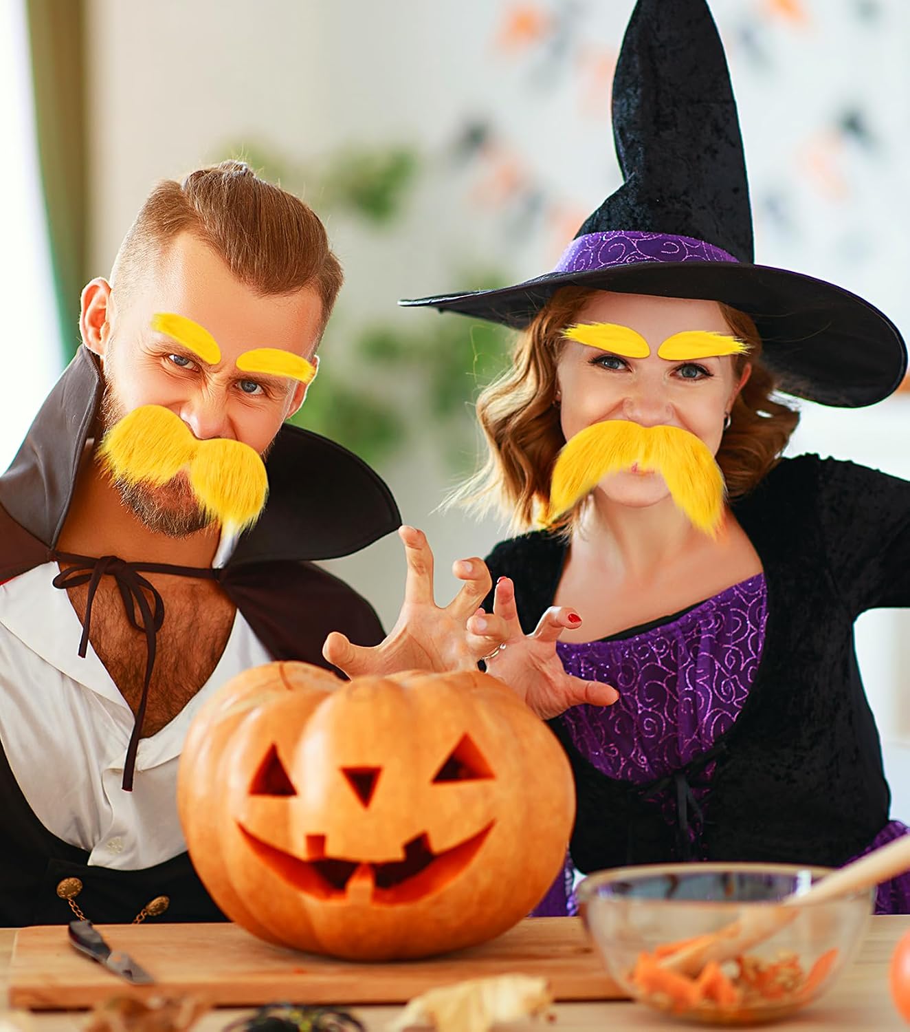 Yellow Mustache and Eyebrows 2 Packs, Funny Cosplay Costume Accessories, Self-Adhesive Fake Beard Halloween Party Favors