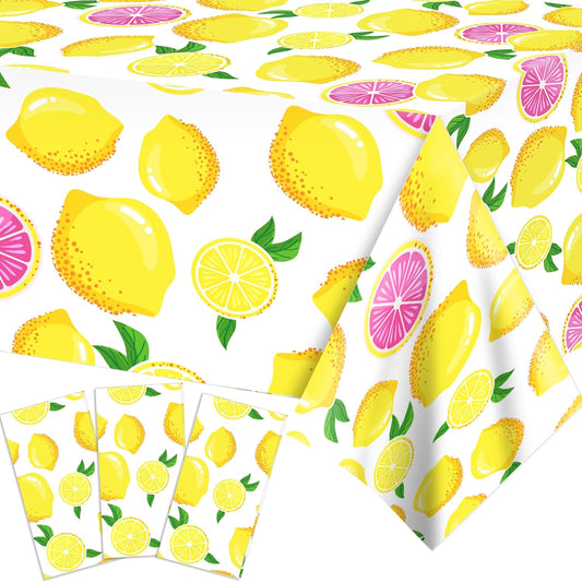 3 Pack Lemon Party Tablecloth Lemon Birthday Party Decorations Disposable Lemon Tablecloth Summer Lemon Plastic Table Cover for Summer Fruit Birthday Party Decorations, 54 x 87 Inch