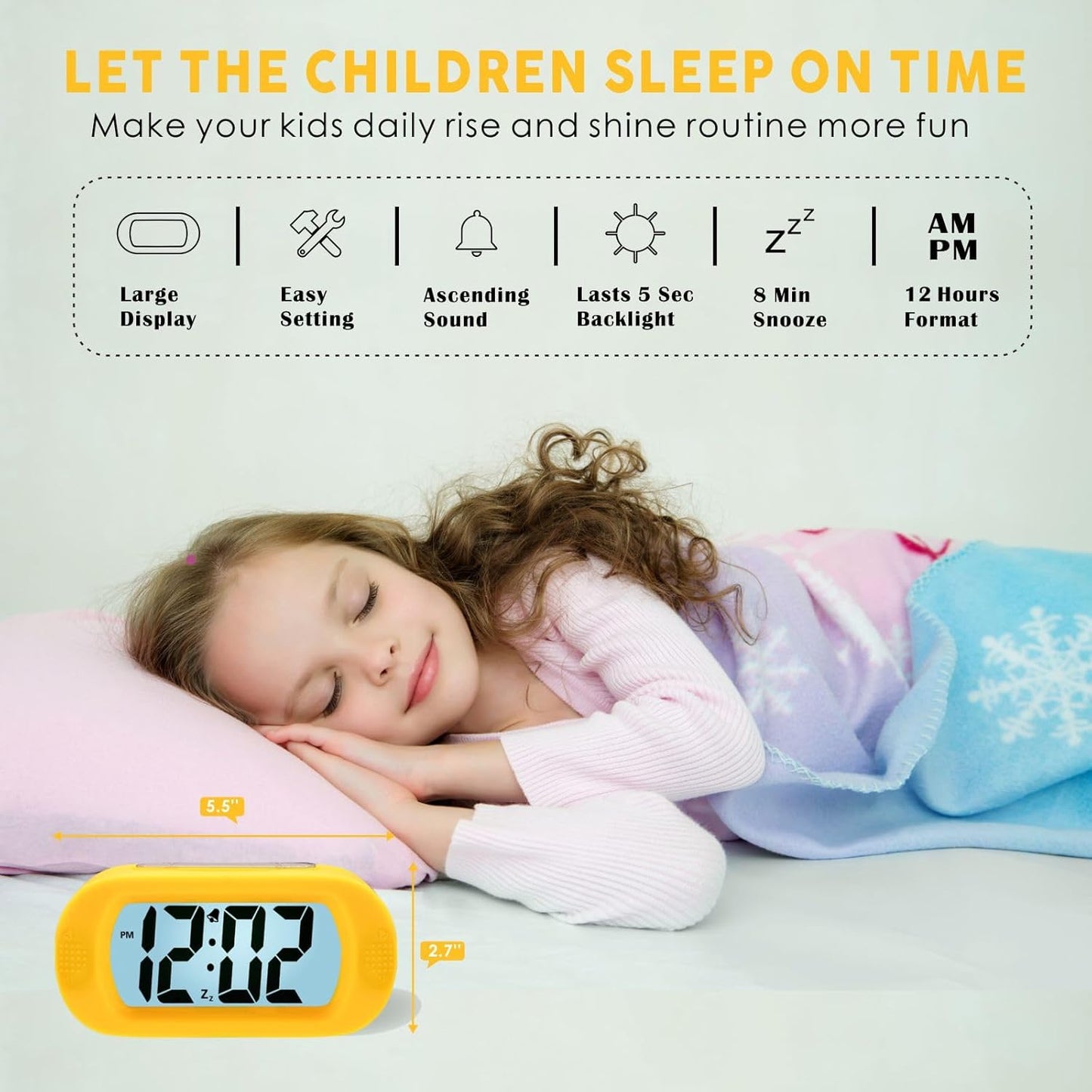 Kids Alarm Clock Large Digital LCD Travel Alarm Clocks with Snooze and Night Light - Ascending Sound and Handheld Size - Best Gift for Kids (Yellow)