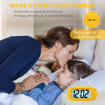Kids Alarm Clock Large Digital LCD Travel Alarm Clocks with Snooze and Night Light - Ascending Sound and Handheld Size - Best Gift for Kids (Yellow)