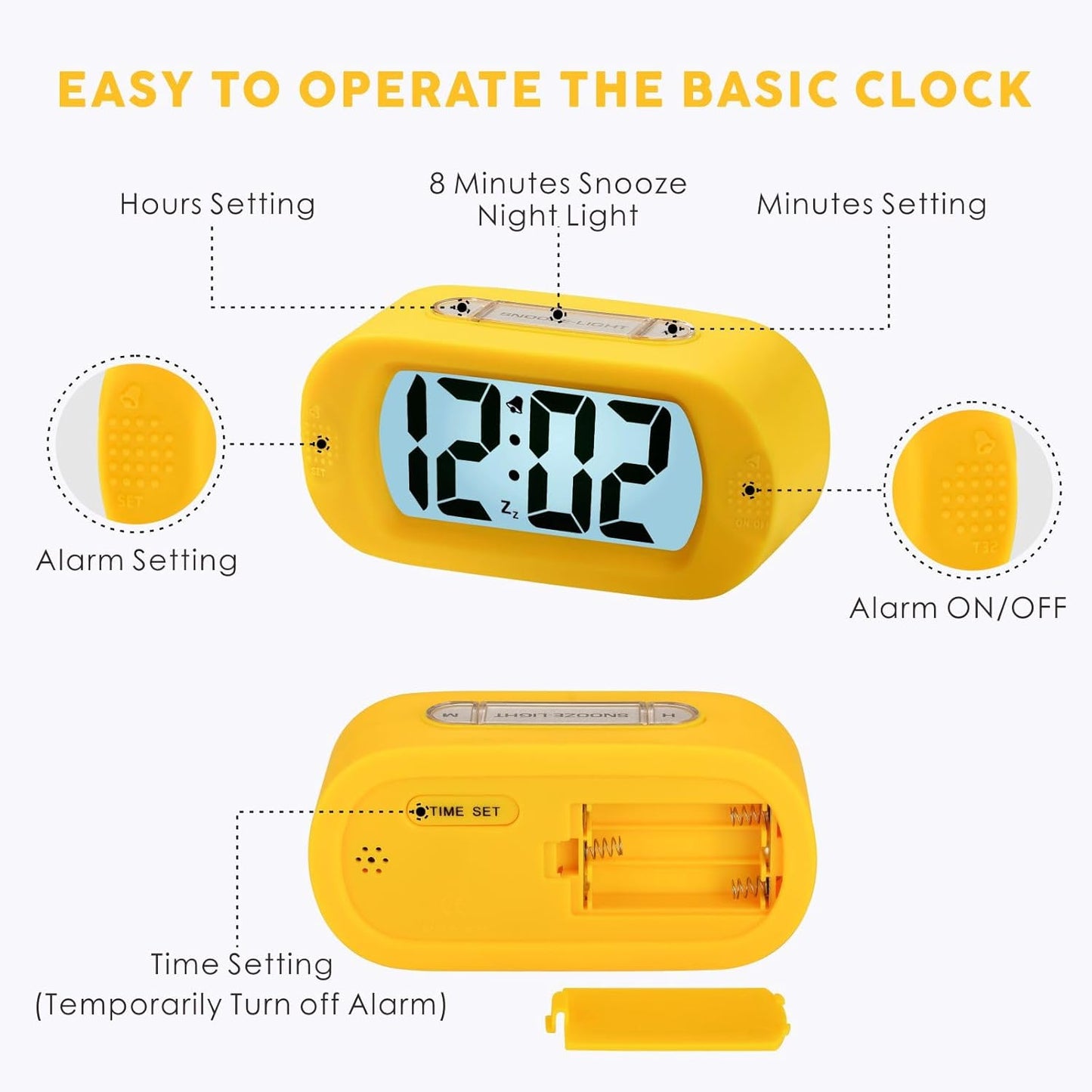 Kids Alarm Clock Large Digital LCD Travel Alarm Clocks with Snooze and Night Light - Ascending Sound and Handheld Size - Best Gift for Kids (Yellow)