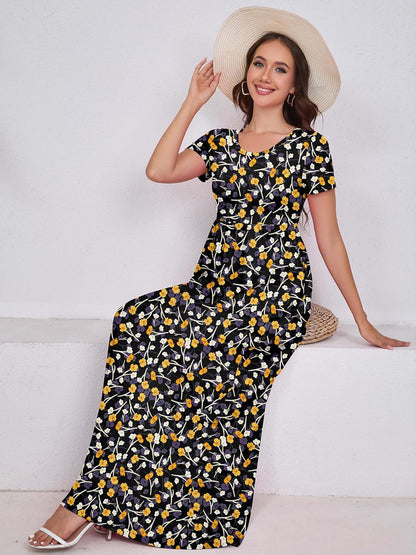 Maxi Dress for Women Short Sleeve Casual Summer Loose Plain Comfy Long Dresses with Pockets