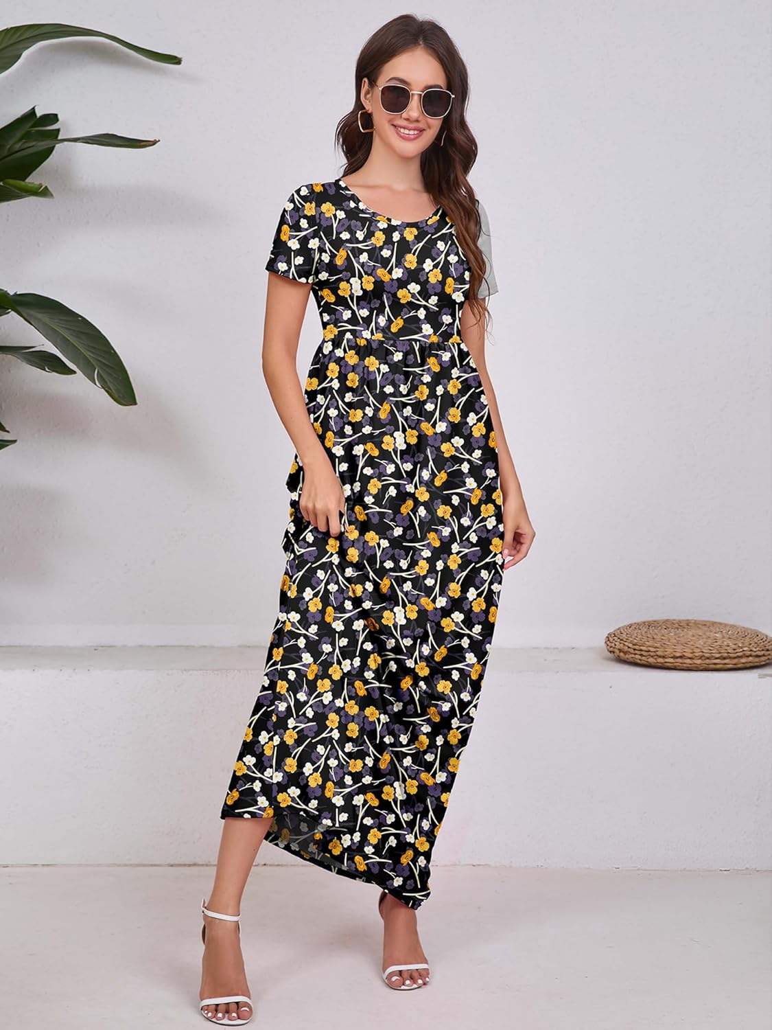Maxi Dress for Women Short Sleeve Casual Summer Loose Plain Comfy Long Dresses with Pockets
