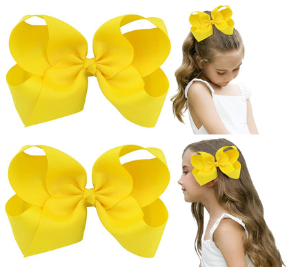 2 PCS 6" Big Hand-made Grosgrain Ribbon Solid Color Hair Bows Alligator Clips Hair Accessories for Little Teen Toddler Girls Kids Set of 2 -Yellow