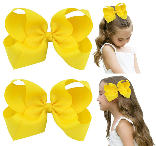 2 PCS 6" Big Hand-made Grosgrain Ribbon Solid Color Hair Bows Alligator Clips Hair Accessories for Little Teen Toddler Girls Kids Set of 2 -Yellow