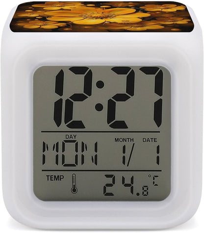 Cube Alarm Clock Creative 7 Colour LED Digital Clock with Temperature | Beautiful Yellow Flowers Bedside Electronic Clock Battery Operated Mute Luminous Alarm Clock Adjustable Light