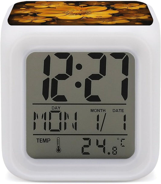 Cube Alarm Clock Creative 7 Colour LED Digital Clock with Temperature | Beautiful Yellow Flowers Bedside Electronic Clock Battery Operated Mute Luminous Alarm Clock Adjustable Light