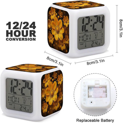 Cube Alarm Clock Creative 7 Colour LED Digital Clock with Temperature | Beautiful Yellow Flowers Bedside Electronic Clock Battery Operated Mute Luminous Alarm Clock Adjustable Light