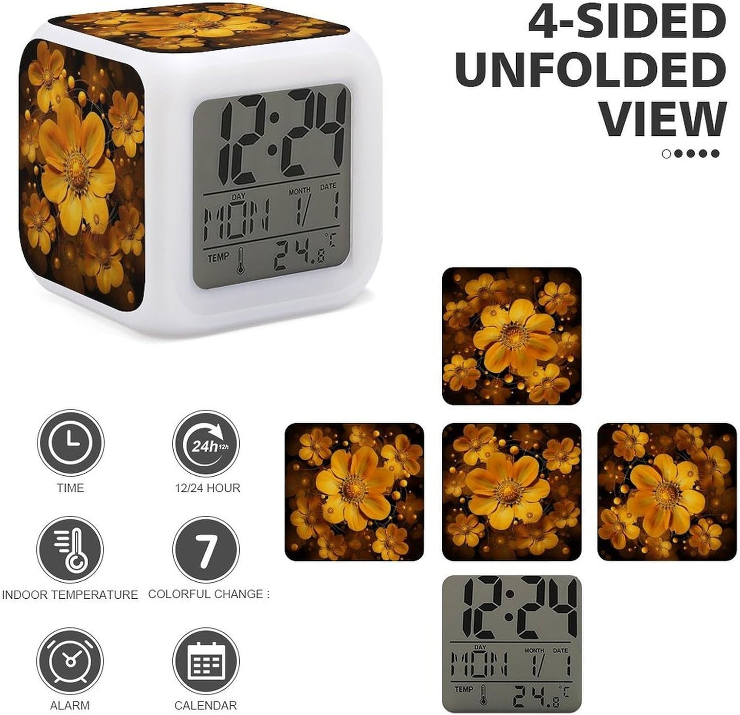Cube Alarm Clock Creative 7 Colour LED Digital Clock with Temperature | Beautiful Yellow Flowers Bedside Electronic Clock Battery Operated Mute Luminous Alarm Clock Adjustable Light