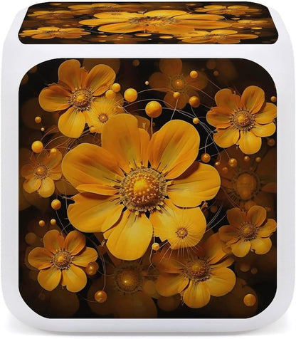 Cube Alarm Clock Creative 7 Colour LED Digital Clock with Temperature | Beautiful Yellow Flowers Bedside Electronic Clock Battery Operated Mute Luminous Alarm Clock Adjustable Light