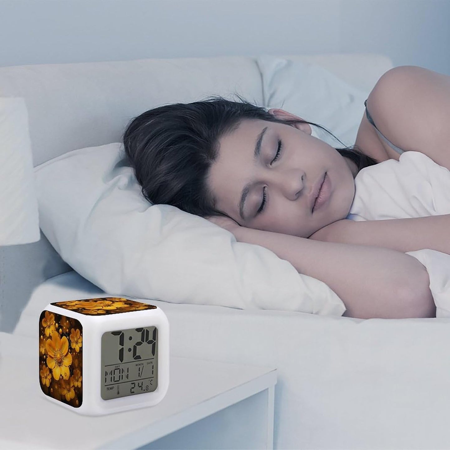 Cube Alarm Clock Creative 7 Colour LED Digital Clock with Temperature | Beautiful Yellow Flowers Bedside Electronic Clock Battery Operated Mute Luminous Alarm Clock Adjustable Light