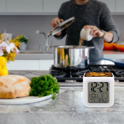 Cube Alarm Clock Creative 7 Colour LED Digital Clock with Temperature | Beautiful Yellow Flowers Bedside Electronic Clock Battery Operated Mute Luminous Alarm Clock Adjustable Light