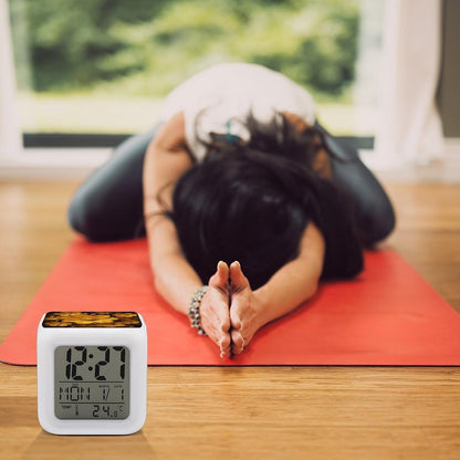 Cube Alarm Clock Creative 7 Colour LED Digital Clock with Temperature | Beautiful Yellow Flowers Bedside Electronic Clock Battery Operated Mute Luminous Alarm Clock Adjustable Light