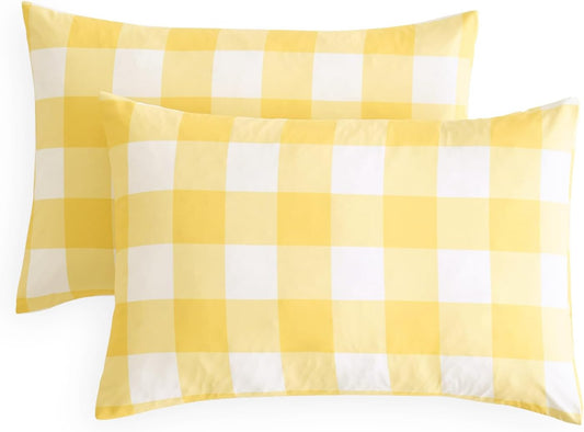 Plaid Pillow Cases, Buffalo Check Gingham Checkered Farmhouse, Set of 2 Soft Pillowcases Pillow Shams Covers, Yellow White, Standard Size 20x26 Inches