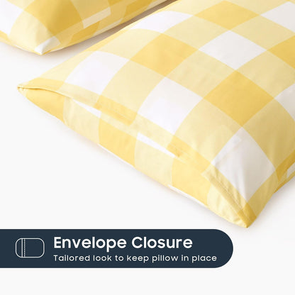 Plaid Pillow Cases, Buffalo Check Gingham Checkered Farmhouse, Set of 2 Soft Pillowcases Pillow Shams Covers, Yellow White, Standard Size 20x26 Inches