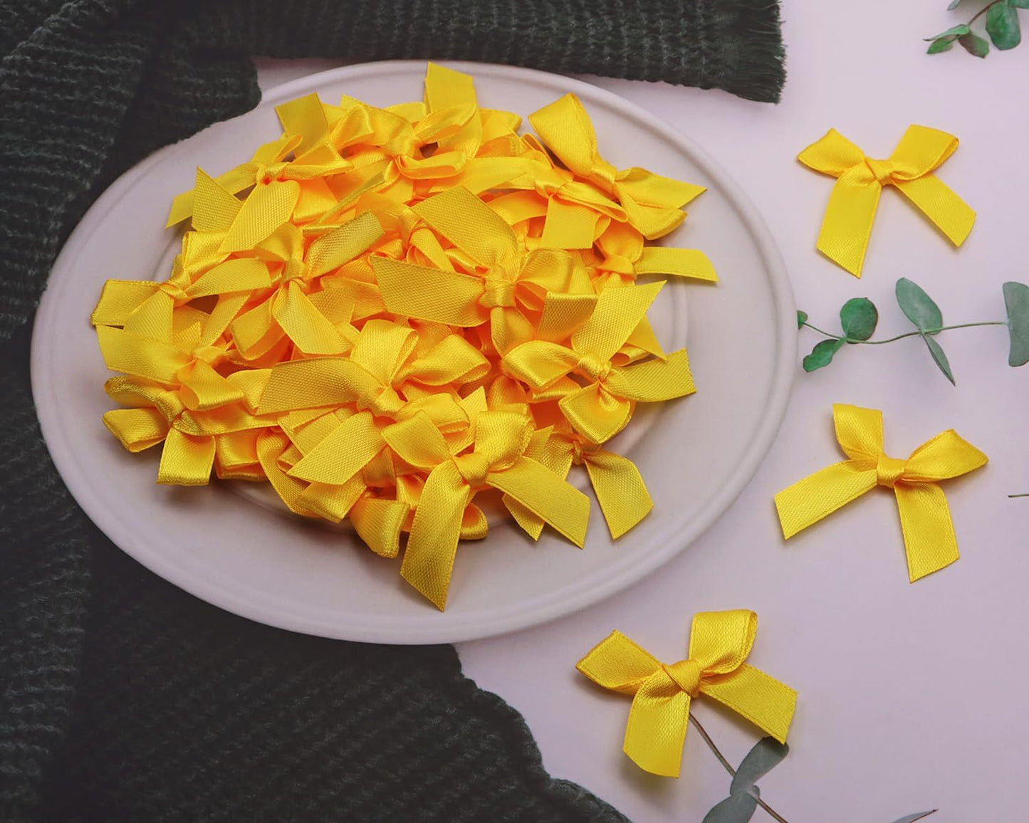 Ribbon Bows Mini Satin Fabric Bows Flowers for DIY Craft Sewing Scrapbooking Wedding Christmas Party Favors Bakery Treat Gift Box Decoration Packaging, 50x50x12mm, 50PCS (Golden Yellow)