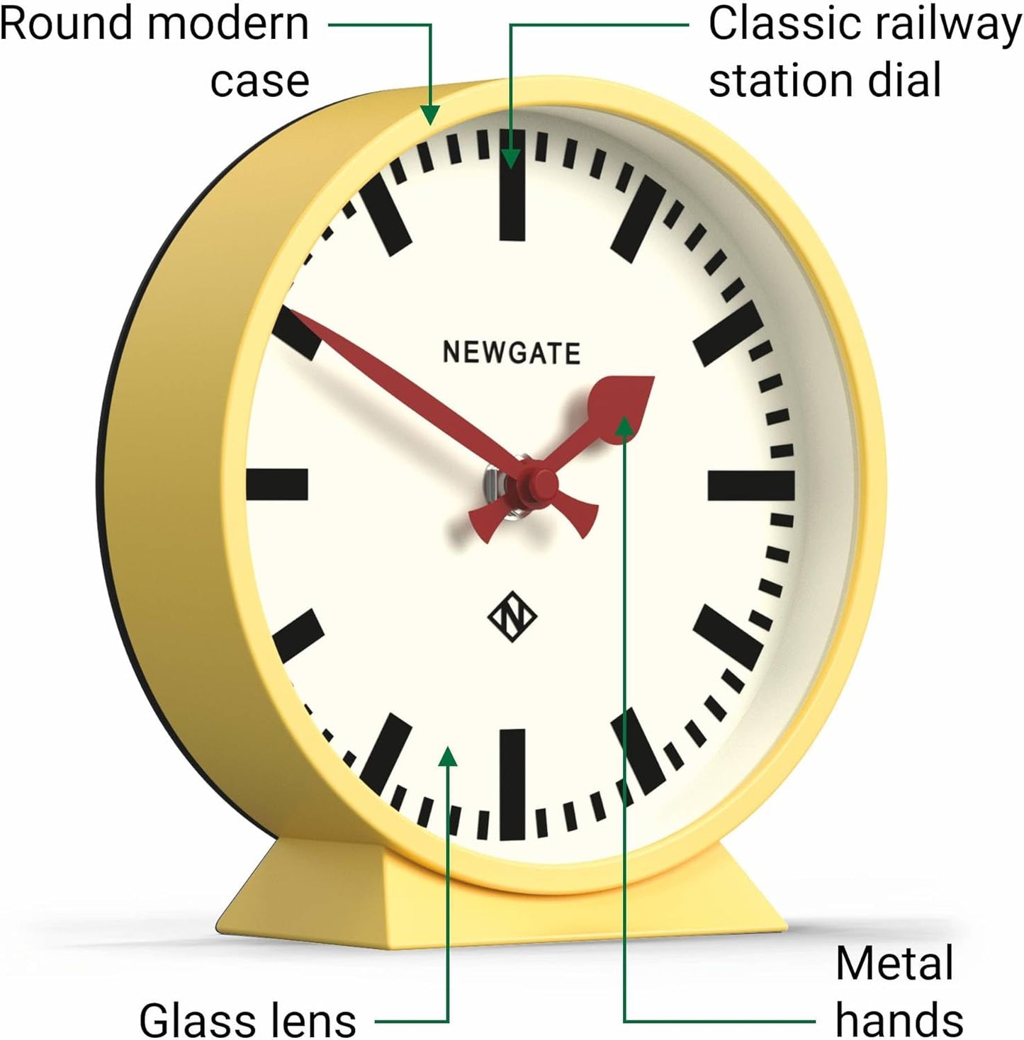 ® M Mantel Railway Desk Clock | Modern Round Station Clock Design | Yellow | Contemporary Style for Desk, Table, Shelf or Bedside