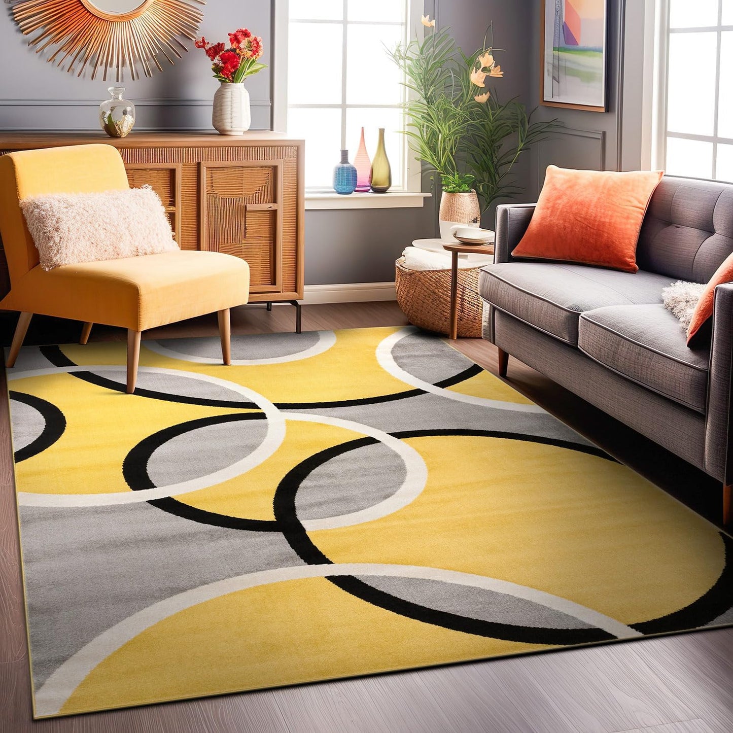 Contemporary Abstract Circles Area Rug, Non-Shedding Carpet for Living Room, Dining Room, or Bedroom, Yellow, 6'6" x 9'