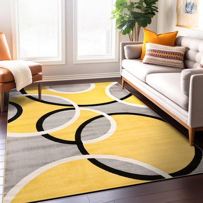 Contemporary Abstract Circles Area Rug, Non-Shedding Carpet for Living Room, Dining Room, or Bedroom, Yellow, 6'6" x 9'