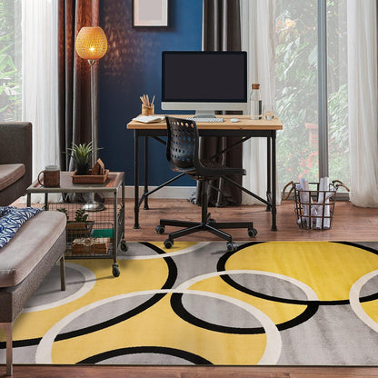 Contemporary Abstract Circles Area Rug, Non-Shedding Carpet for Living Room, Dining Room, or Bedroom, Yellow, 6'6" x 9'