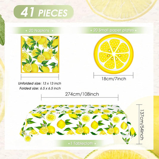 Lemon Party Decorations,41Pcs Lemon Plates and Napkins Disposable Lemonade Table Cover Yellow Lemon Table Decorations for Fruit Theme Birthday Party Wedding Shower Summer Party Supplies