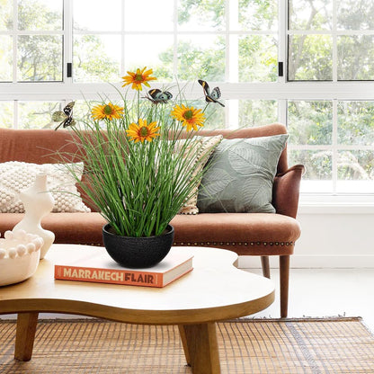 Artificial Plants Indoor with Pot, 17.3" Fake Potted Plants Artificial Onion Grass Plant with Yellow Daisies Flowers and Butterflies Small Faux Plant Indoor for Home Living Room Table Shelf Decor