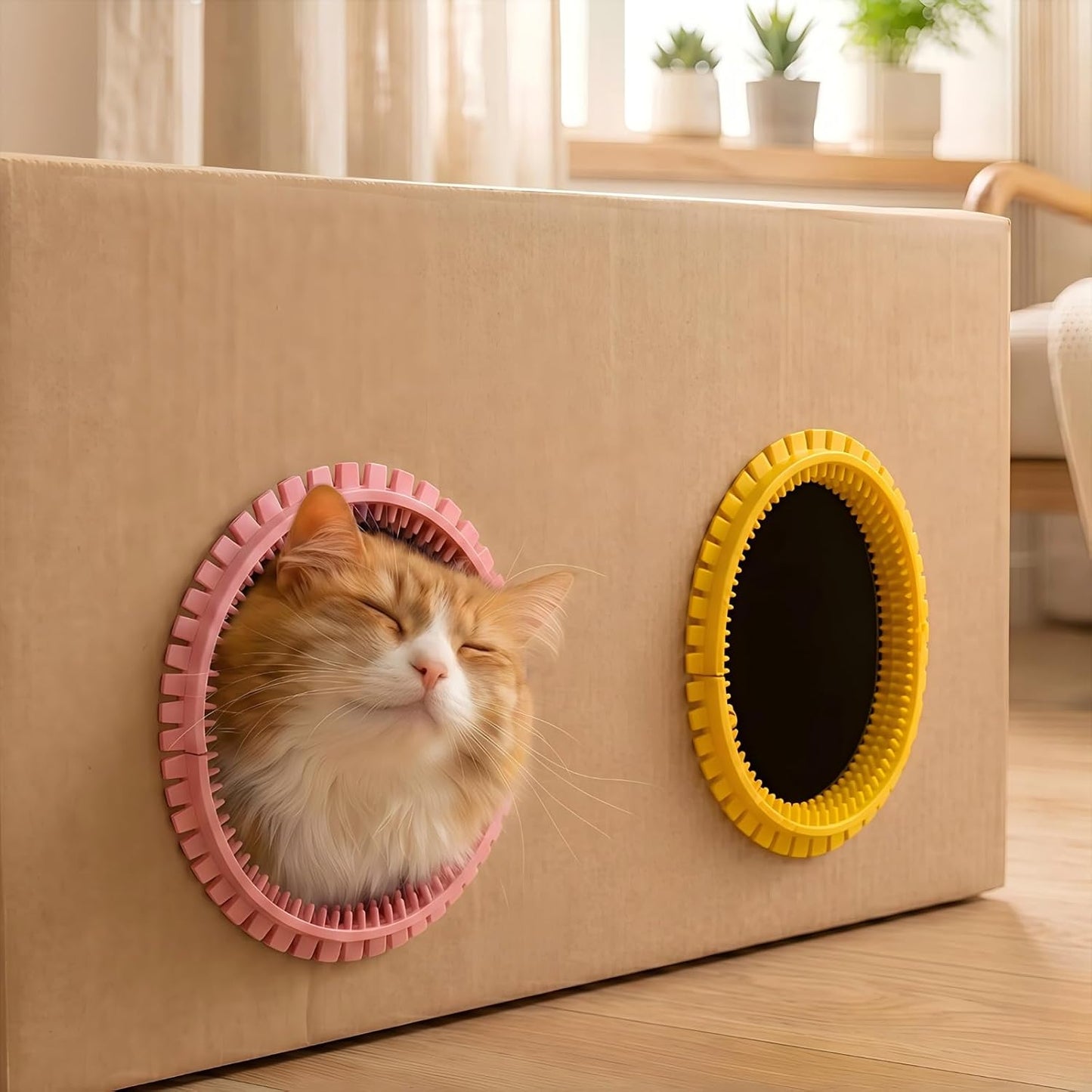 Cat Self Groomer Arch for Cardboard Boxes (Pink+Yellow | Start Kit) | Cat Brushes Tunnel& Massage Comb For Indoor Cats, Interactive Self Grooming Tool Brushes, For Cat Hideouts & Enrichment Play