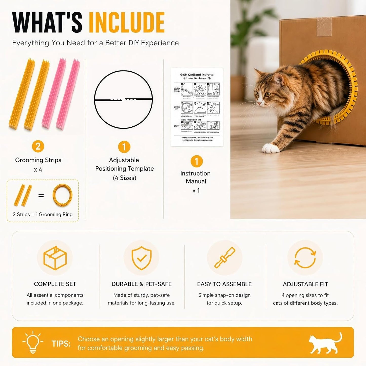 Cat Self Groomer Arch for Cardboard Boxes (Pink+Yellow | Start Kit) | Cat Brushes Tunnel& Massage Comb For Indoor Cats, Interactive Self Grooming Tool Brushes, For Cat Hideouts & Enrichment Play