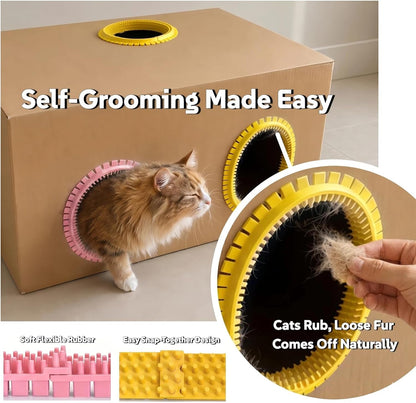Cat Self Groomer Arch for Cardboard Boxes (Pink+Yellow | Start Kit) | Cat Brushes Tunnel& Massage Comb For Indoor Cats, Interactive Self Grooming Tool Brushes, For Cat Hideouts & Enrichment Play