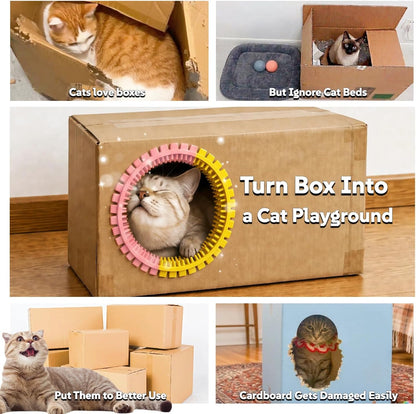 Cat Self Groomer Arch for Cardboard Boxes (Pink+Yellow | Start Kit) | Cat Brushes Tunnel& Massage Comb For Indoor Cats, Interactive Self Grooming Tool Brushes, For Cat Hideouts & Enrichment Play