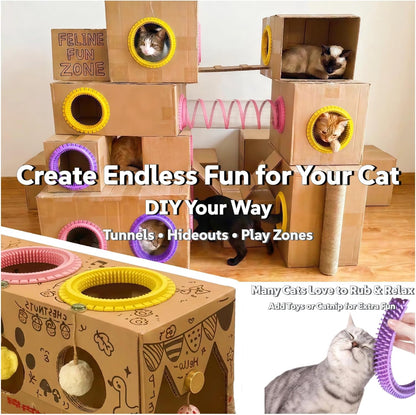 Cat Self Groomer Arch for Cardboard Boxes (Pink+Yellow | Start Kit) | Cat Brushes Tunnel& Massage Comb For Indoor Cats, Interactive Self Grooming Tool Brushes, For Cat Hideouts & Enrichment Play