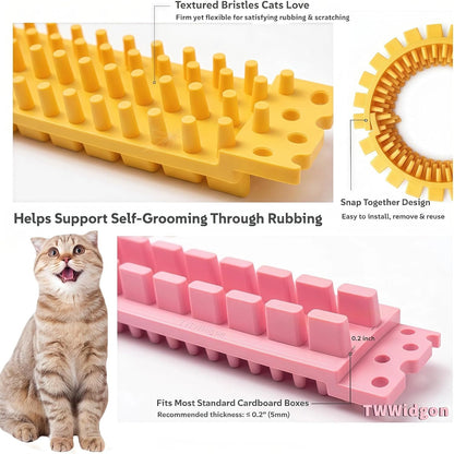 Cat Self Groomer Arch for Cardboard Boxes (Pink+Yellow | Start Kit) | Cat Brushes Tunnel& Massage Comb For Indoor Cats, Interactive Self Grooming Tool Brushes, For Cat Hideouts & Enrichment Play