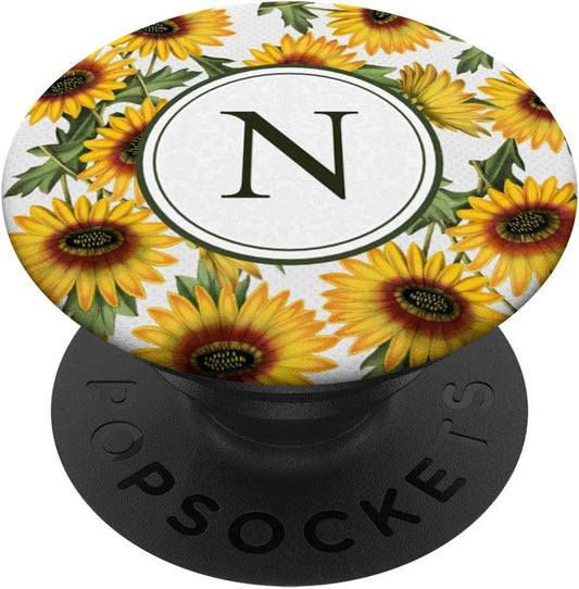 Letter N Monogram Vintage Sunflower pattern - Classic Floral PopSockets Grip and Stand for Phones and Tablets