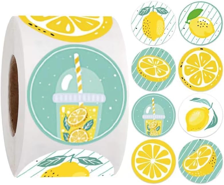 500Pcs 1 Inch Lemon Stickers Roll for Envelope Seals 8 Different Design Sticker for Business Kids Card Candy Cookie Bag Gift Party, Envelope Seals, Labels and Stickers
