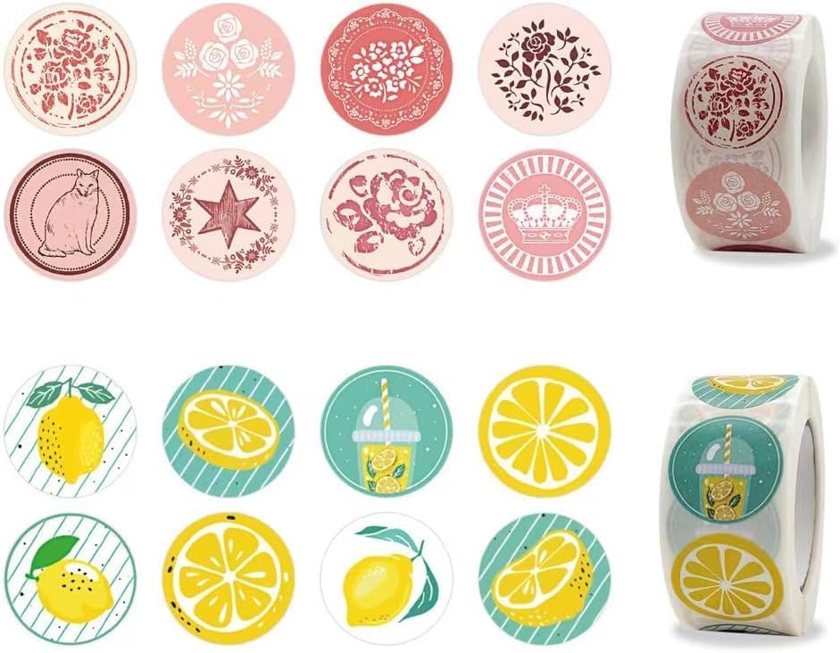 500Pcs 1 Inch Lemon Stickers Roll for Envelope Seals 8 Different Design Sticker for Business Kids Card Candy Cookie Bag Gift Party, Envelope Seals, Labels and Stickers