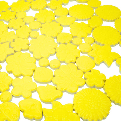 Ceramic Flower & Mushroom Mosaic Tiles - 1.1 lbs Mixed Glazed Petals & Berry Assortment for DIY Crafts, Fairy Garden, Handmade Projects (Yellow)