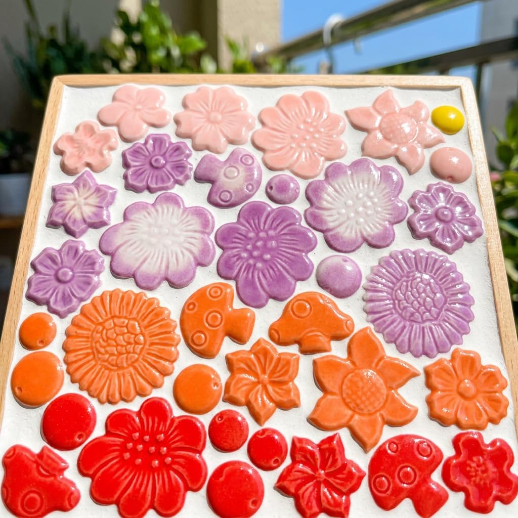 Ceramic Flower & Mushroom Mosaic Tiles - 1.1 lbs Mixed Glazed Petals & Berry Assortment for DIY Crafts, Fairy Garden, Handmade Projects (Yellow)