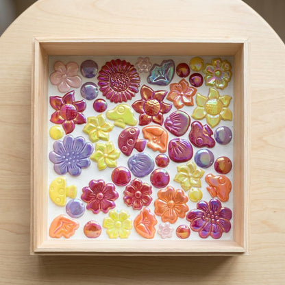 Ceramic Flower & Mushroom Mosaic Tiles - 1.1 lbs Mixed Glazed Petals & Berry Assortment for DIY Crafts, Fairy Garden, Handmade Projects (Yellow)