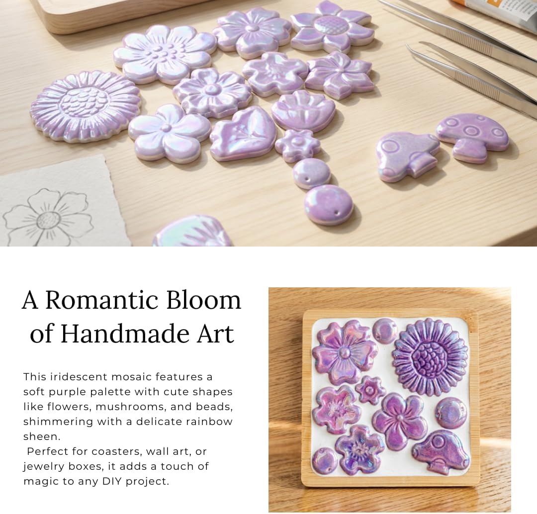 Ceramic Flower & Mushroom Mosaic Tiles - 1.1 lbs Mixed Glazed Petals & Berry Assortment for DIY Crafts, Fairy Garden, Handmade Projects (Yellow)