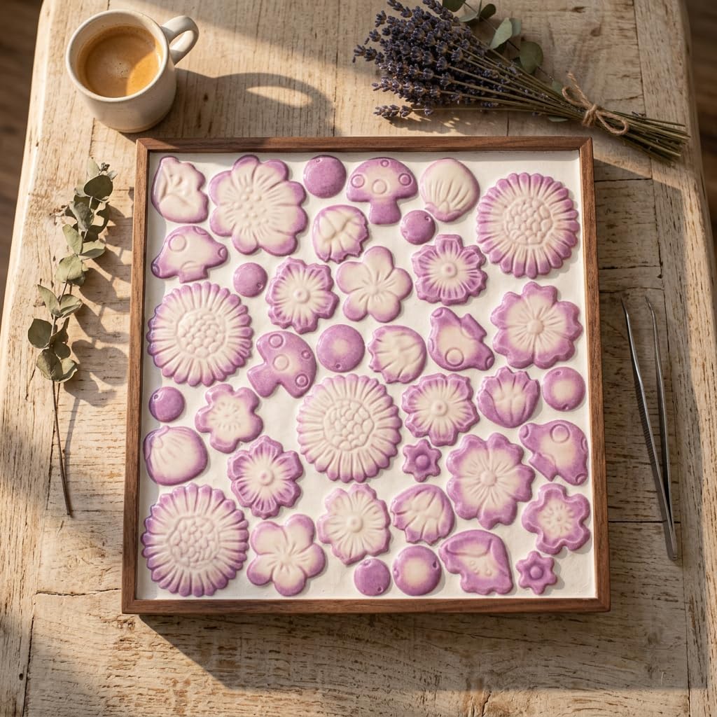 Ceramic Flower & Mushroom Mosaic Tiles - 1.1 lbs Mixed Glazed Petals & Berry Assortment for DIY Crafts, Fairy Garden, Handmade Projects (Yellow)