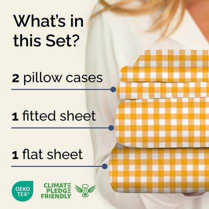 Yellow Gingham Sheets - 1 Flat & 1 Fitted Sheet & 2 Pillowcases w/ Deep Pockets - Grid, Plaid, Checkered Pattern Bed Set - Comfy, Wrinkle & Fade Resistant - Ultra-Soft, Breathable & Cooling -King Size
