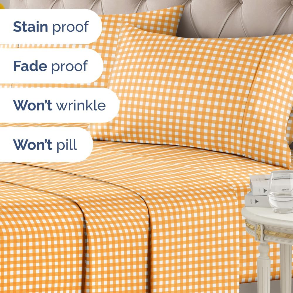 Yellow Gingham Sheets - 1 Flat & 1 Fitted Sheet & 2 Pillowcases w/ Deep Pockets - Grid, Plaid, Checkered Pattern Bed Set - Comfy, Wrinkle & Fade Resistant - Ultra-Soft, Breathable & Cooling -King Size