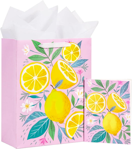 Lemon Pink Gift Bag for Girls, Fresh Yellow Lemon and Floral Design, Medium Size Bag with Tissue Paper, Tag, Greeting Card for Summer Party, Birthday, Bridal Shower, 10" x 5" x 13", 1 Pcs