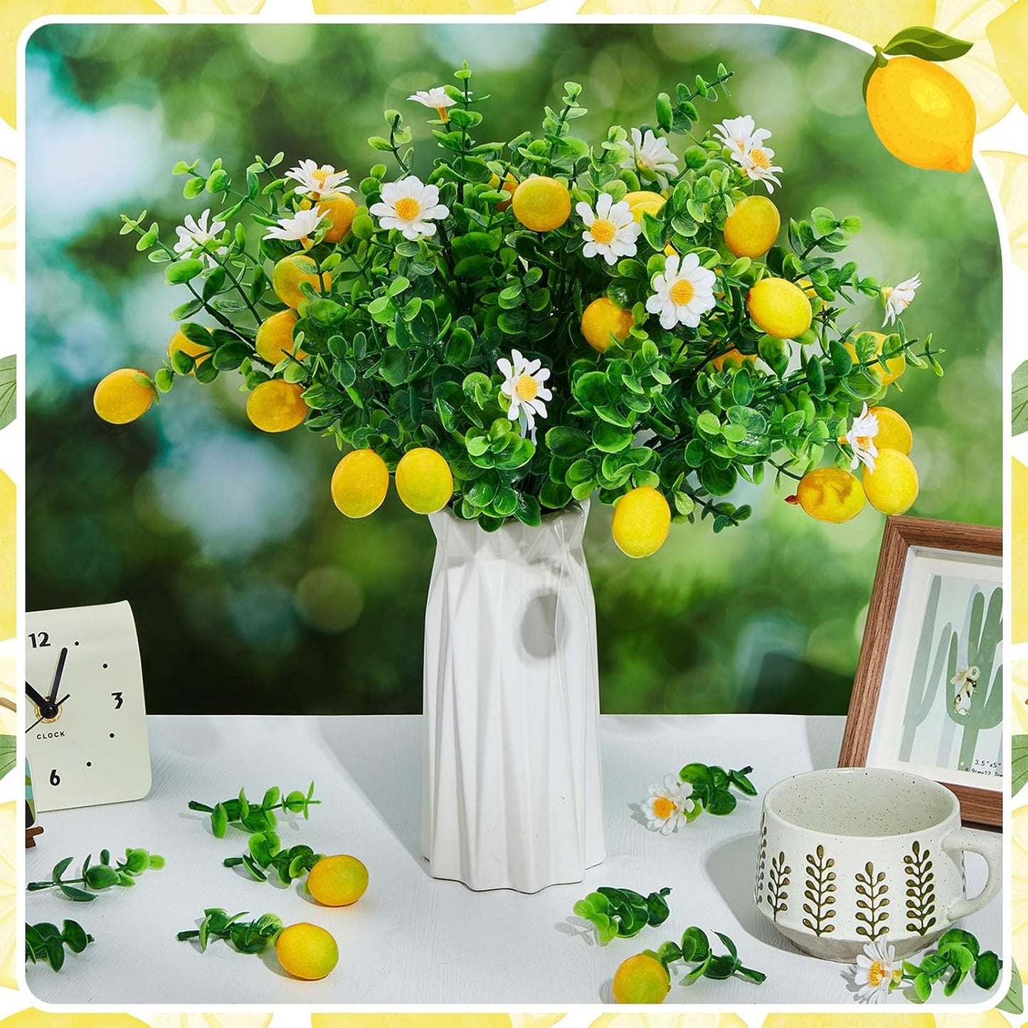 10 Pack Artificial Lemon Branches Decoration Fake Lemon Stems with Green Leaves and Daisies for Farmhouse Home Wedding Birthday Table Centerpiece & Party Arrangement