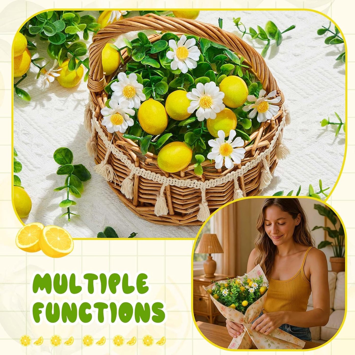 10 Pack Artificial Lemon Branches Decoration Fake Lemon Stems with Green Leaves and Daisies for Farmhouse Home Wedding Birthday Table Centerpiece & Party Arrangement