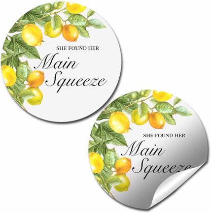 She Found Her Main Squeeze Lemon Bridal Shower Stickers – 40ct 2" Round Citrus Party Favor Labels – Lemon Theme Gift Bag Seals & Envelope Stickers