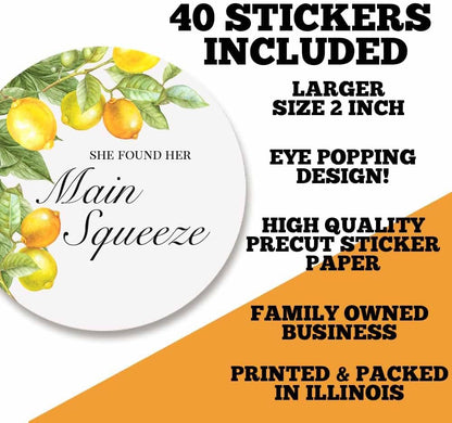 She Found Her Main Squeeze Lemon Bridal Shower Stickers – 40ct 2" Round Citrus Party Favor Labels – Lemon Theme Gift Bag Seals & Envelope Stickers